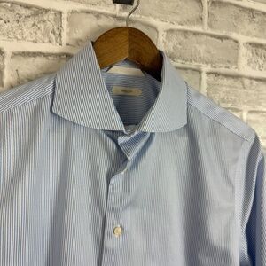 Suitsupply Traveller Nautical Blue Vertical Striped Dress Shirt SZ 16 EXTRA SLIM